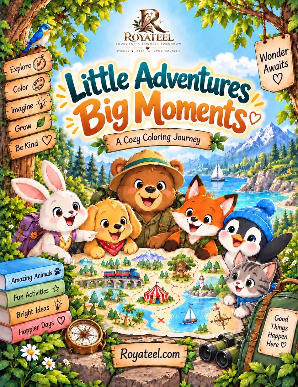 Cover of Little Adventures Big Moments showing a group of animal friends and a colorful adventure map