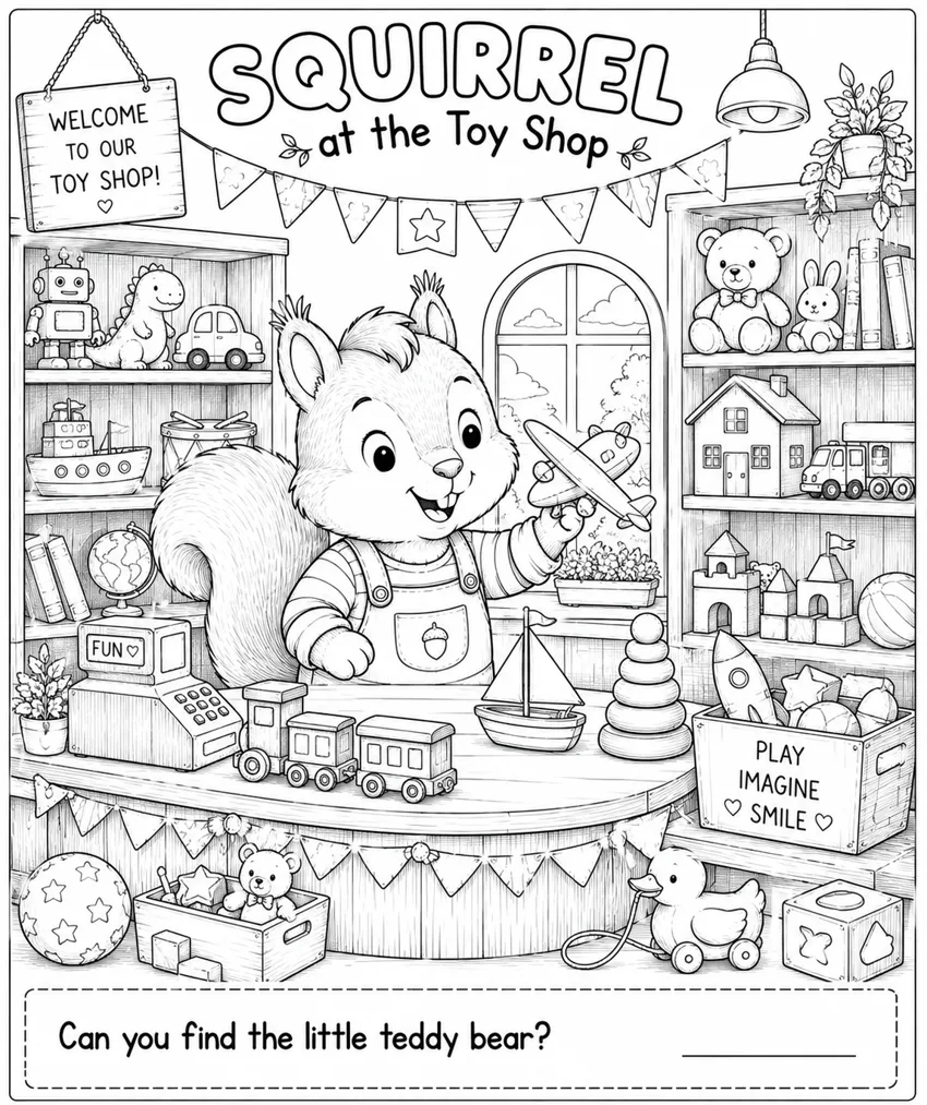 Squirrel at the Toy Shop coloring page with a search prompt